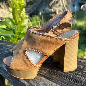 Marco Ricci Italian Leather Tan Suede Slingbacks Platforms Heels Sandals